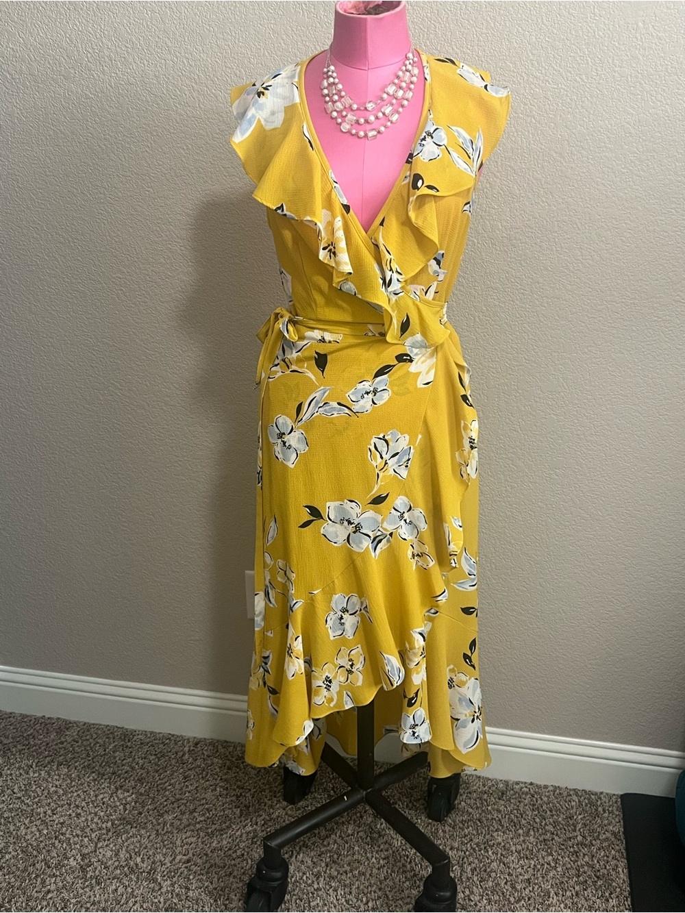 Yellow Floral Ruffle Wrap Dress
